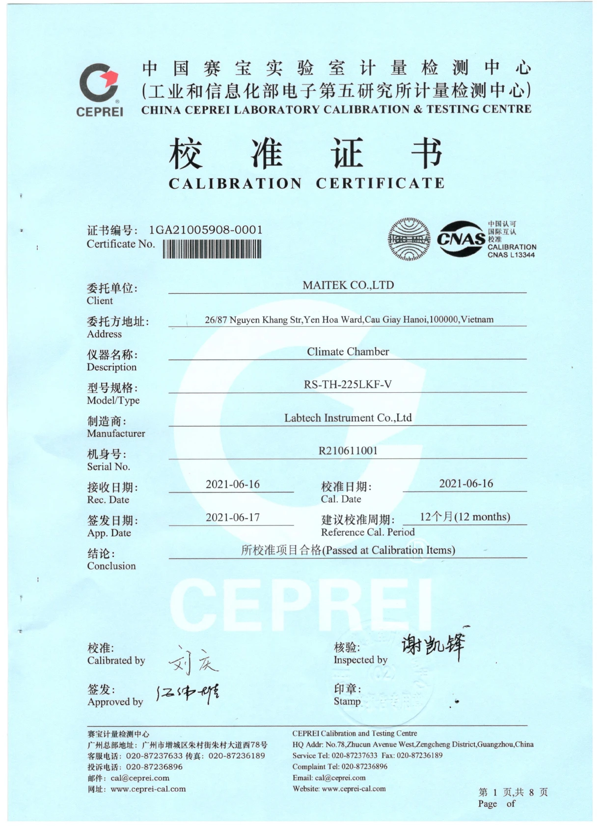 First page of the climate chamber calibration certificate supplied by LABTECH