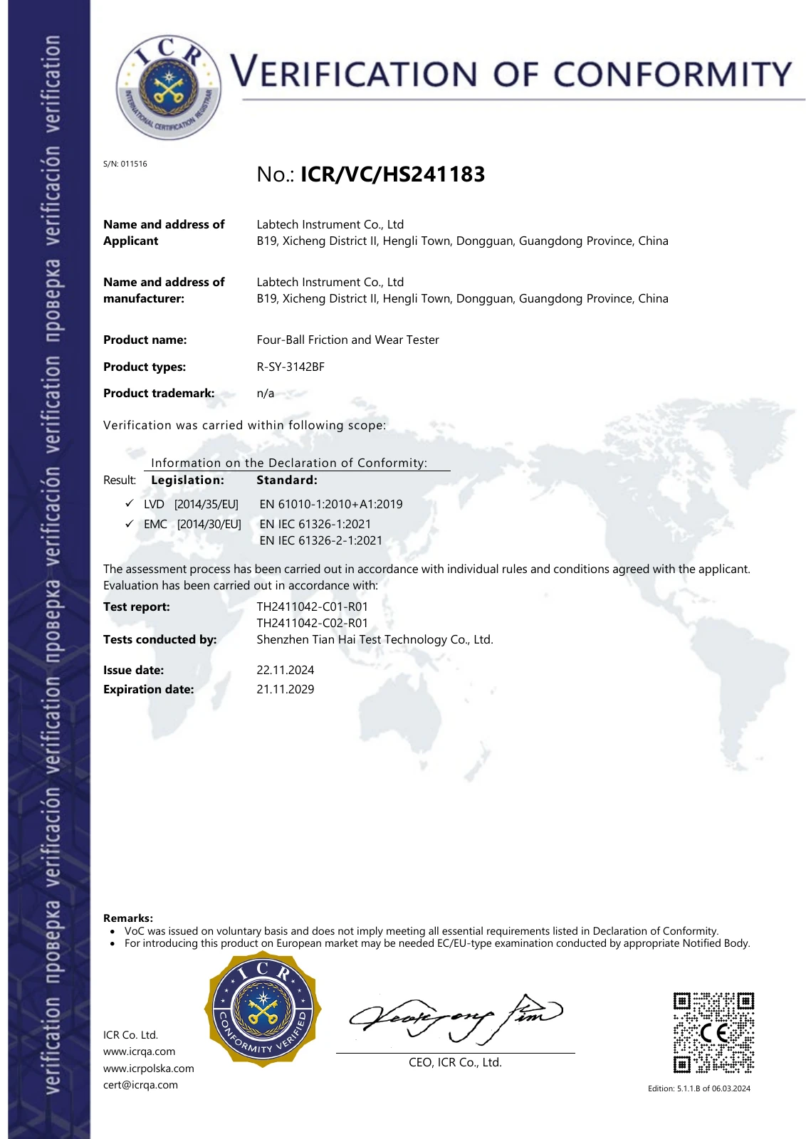 CE - Four-Ball Friction and Wear Tester certificate supplied by LABTECH