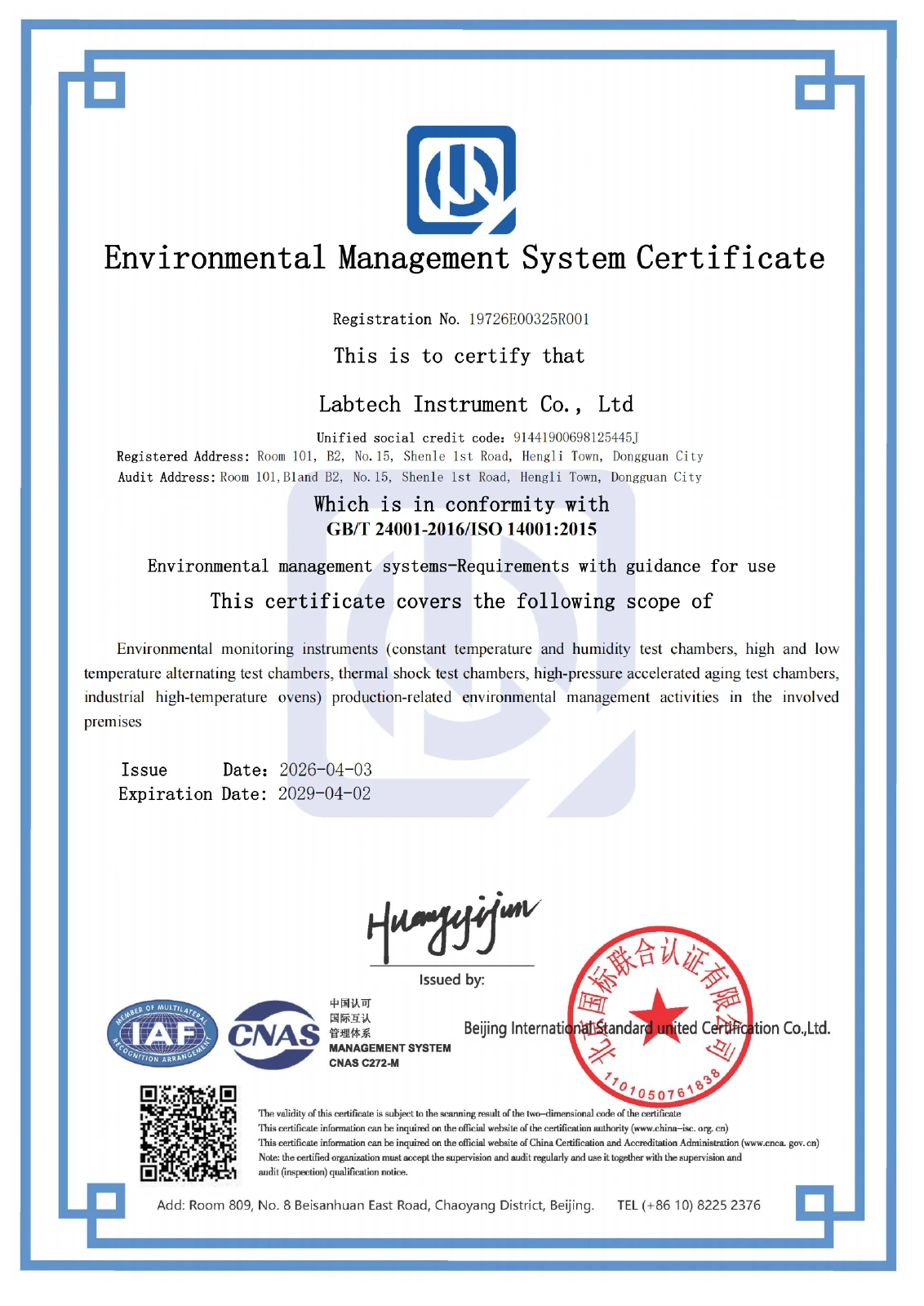 ISO 14001:2015 certificate supplied by LABTECH