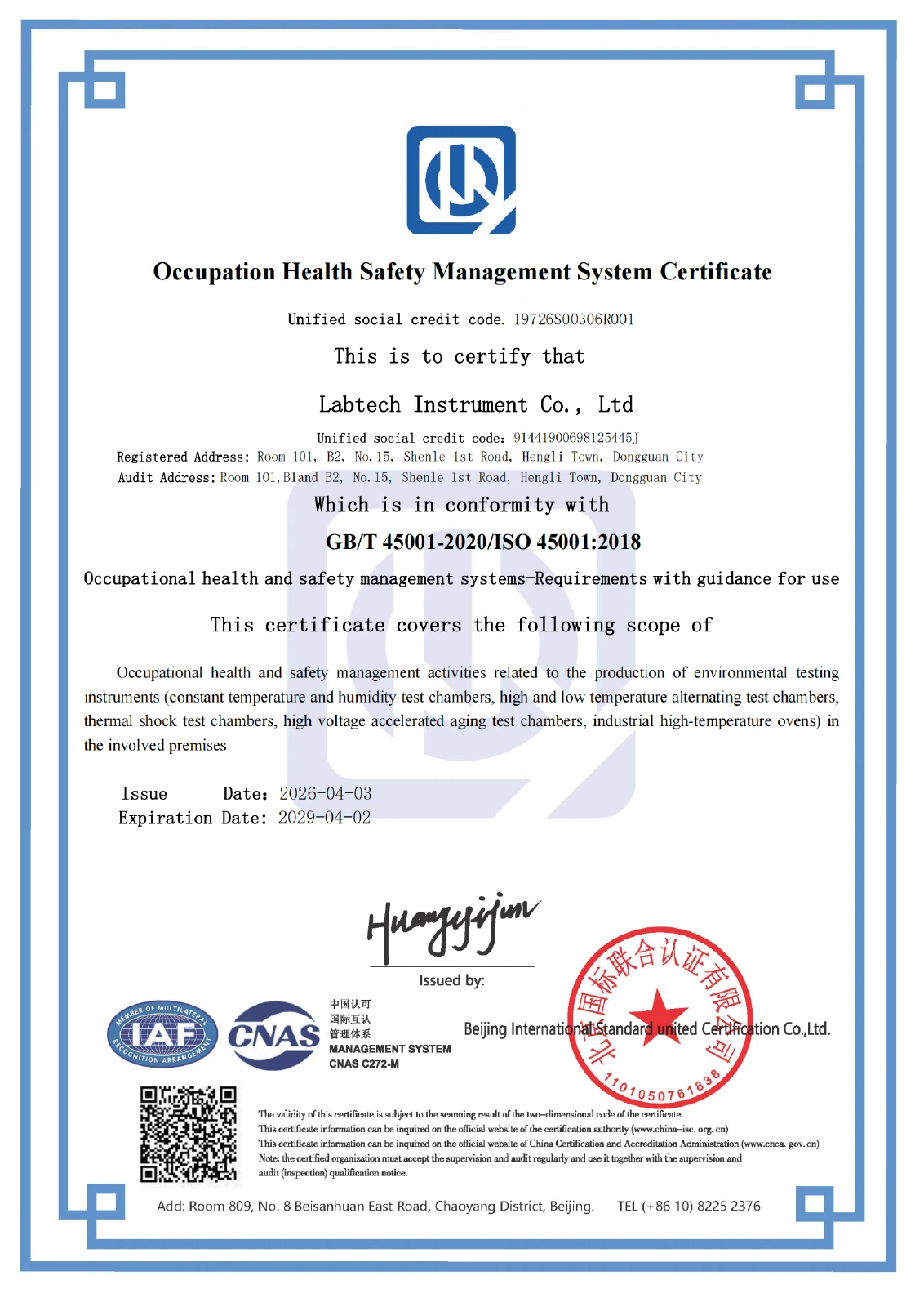 ISO 45001:2018 certificate supplied by LABTECH