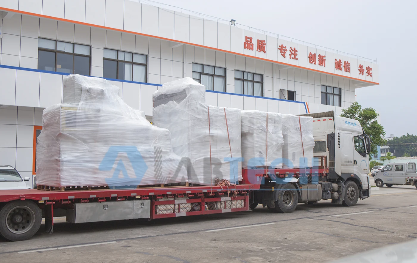 Packaged testing equipment secured on a truck outside the LABTECH factory